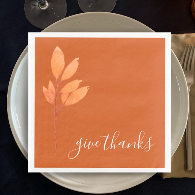 Serviette En Papier Aquarelle orange brûlée Donnez Merci Thanksgiving (Burnt orange original watercolor painting Thanksgiving dinner napkins. Elegant Give Thanks script.)