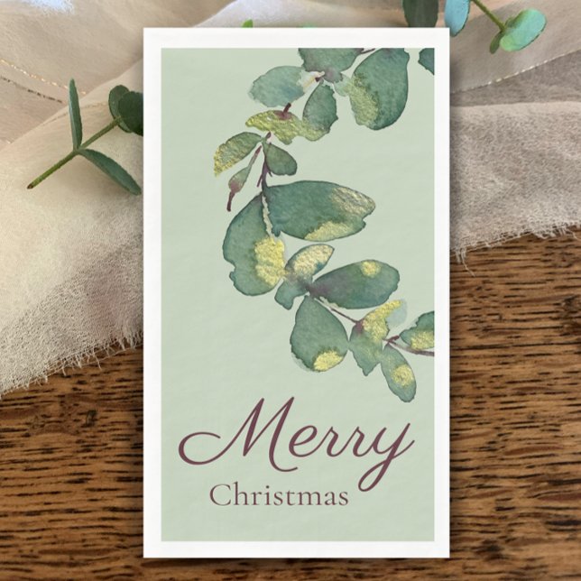 Serviette En Papier Aquarelle originale de verdure Joyeux Noël (Original watercolor greenery Merry Christmas script Holiday Napkin. Sage eucalyptus and plum.)