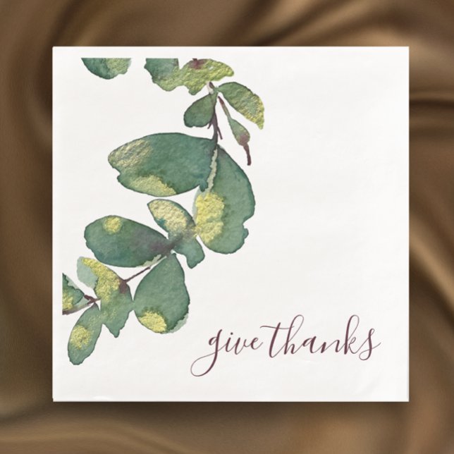 Serviette En Papier Aquarelle originale Verdure personnalisée Thanksgi (Original modern watercolor greenery Thanksgiving dinner  napkins. Custom elegant script. 
)