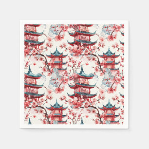Serviette En Papier Aquarelle Pagode chinoise avec fleurs de cerisiers