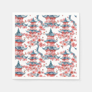 Serviette En Papier Aquarelle Pagode chinoise avec fleurs de cerisiers