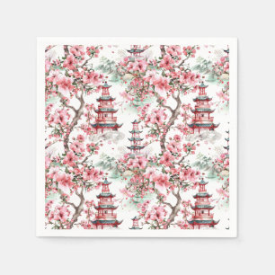 Serviette En Papier Aquarelle Pagode chinoise - Fleurs de cerisiers (1