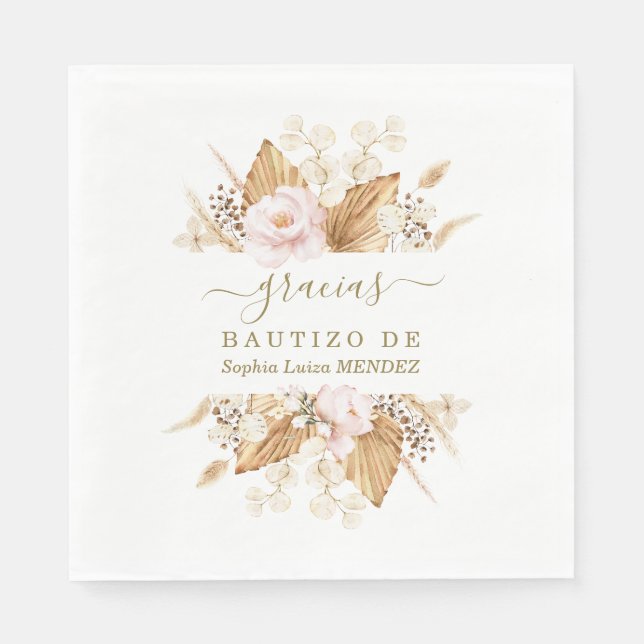 Serviette En Papier Aquarelle Pampas Grass rose Fleurs Bautizo (Devant)