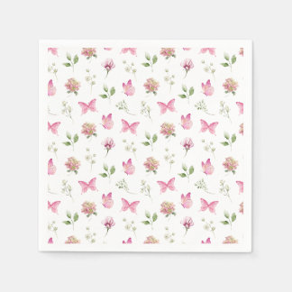 Serviette En Papier Aquarelle Papillon floral rose Baby shower blanc