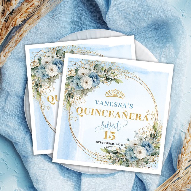 Serviette En Papier Aquarelle Pastel Fleurs Bleues Verdure Or  (Watercolor Pastel Blue Flowers Greenery Gold Napkins)