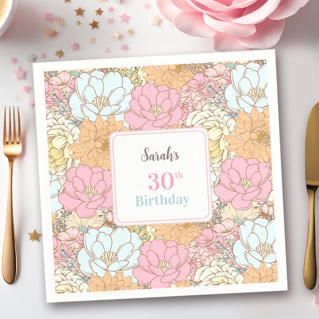 Serviette En Papier Aquarelle Pastel Floral Pink 30e anniversaire (Watercolor Pastel Floral Pink 30th Birthday Napkins)