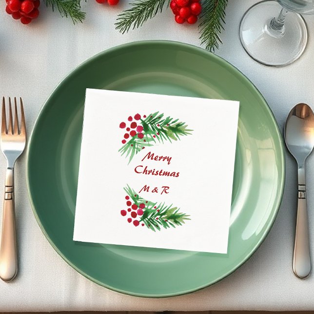 Serviette En Papier Aquarelle Peinte à la main, Guirlande de pin, Baie (Créateur téléchargé)