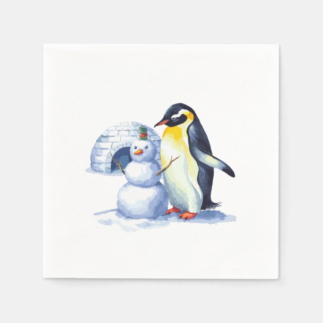 Serviette En Papier Aquarelle Penguin construire des bonhomme de neige (Devant)