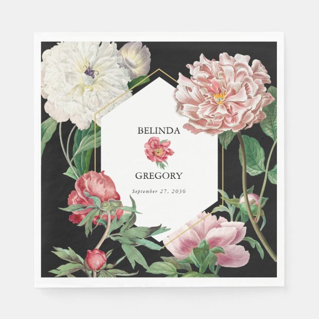 Serviette En Papier Aquarelle Peonies rose Fleurs Mariage Noir (Devant)