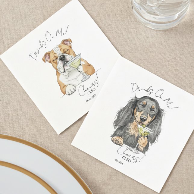 Serviette En Papier Aquarelle Personnalisée Mariage Chien Boit Sur Moi (Choose your dog's breed and personalize these Custom Watercolor Wedding Dog Drinks On Me Napkins!)