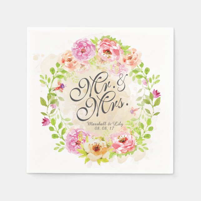 Serviette En Papier Aquarelle personnalisée Mariage floral | Napkin (Devant)