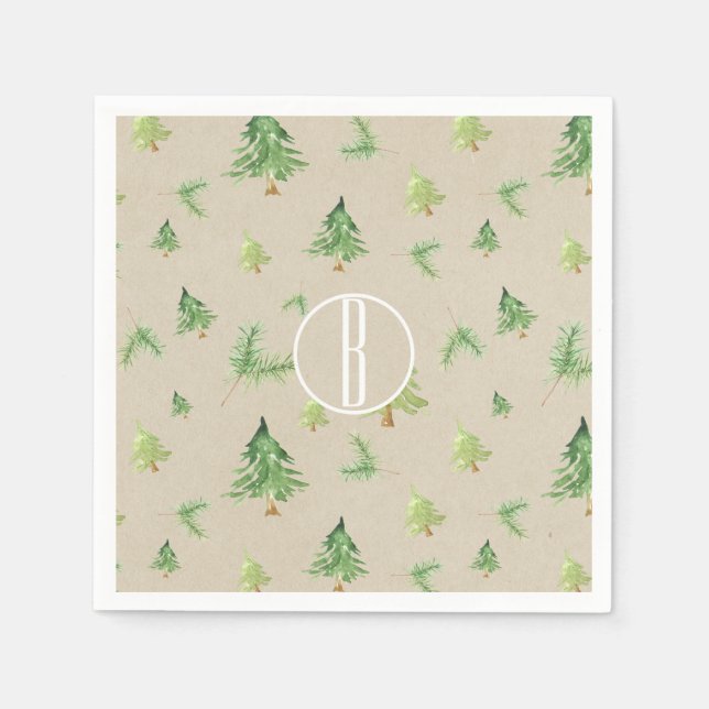 Serviette En Papier Aquarelle Pine Arbres Kraft Rustique Mariage d'hiv (Devant)