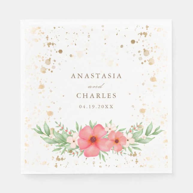 Serviette En Papier Aquarelle Pink Ivory Greenery Spectres d'or Floral (Devant)