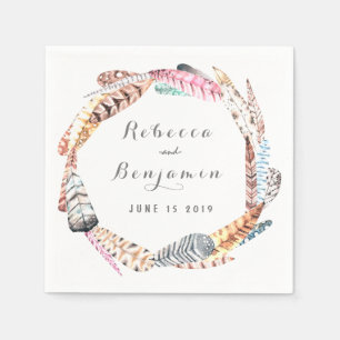 Serviette En Papier Aquarelle plumes Mariage Bohème rustique
