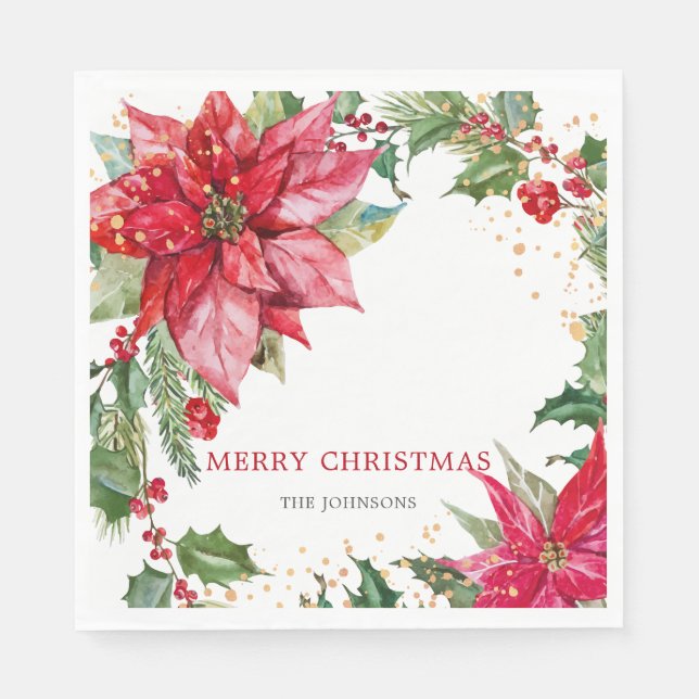 Serviette En Papier Aquarelle Poinsettia Gold Splatz Personnalisé (Devant)