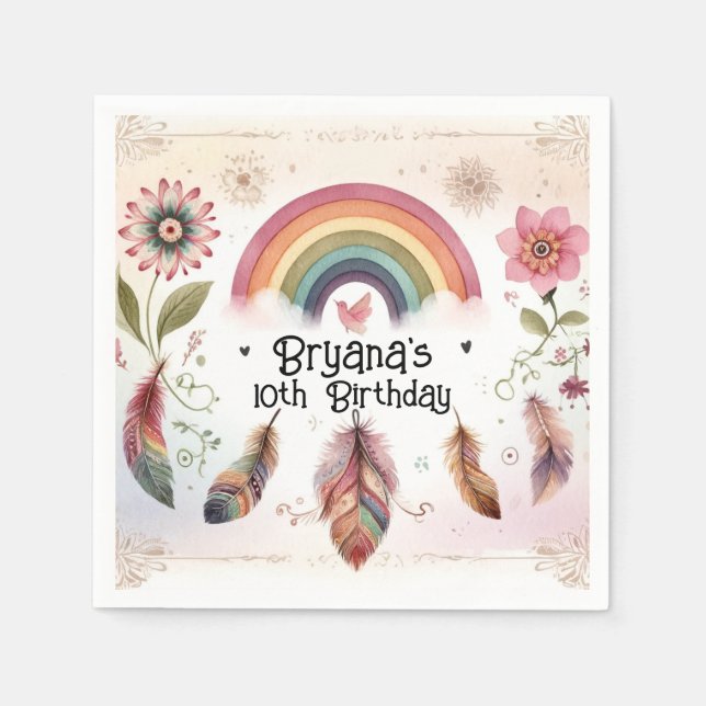 Serviette En Papier Aquarelle Rainbow Bird & Feathers Boho Birthday (Devant)
