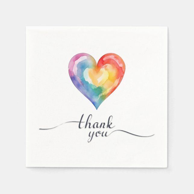 Serviette En Papier Aquarelle Rainbow Heart Merci Napkins (Devant)