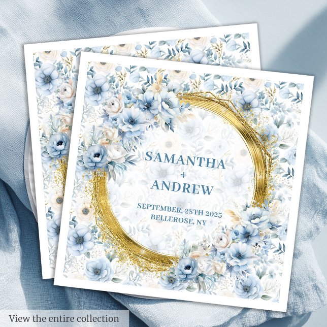 Serviette En Papier Aquarelle rayonnante Pastel Blue Gold Mariage Napk (Elegant Watercolor Dusty Blue Gold Wedding Napkins)