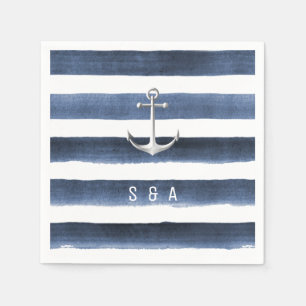 Serviette En Papier Aquarelle rayures marine avec ancre mariage plage