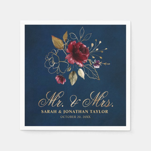 Serviette En Papier Aquarelle romantique Bourgogne Rouge Marine Floral (Devant)