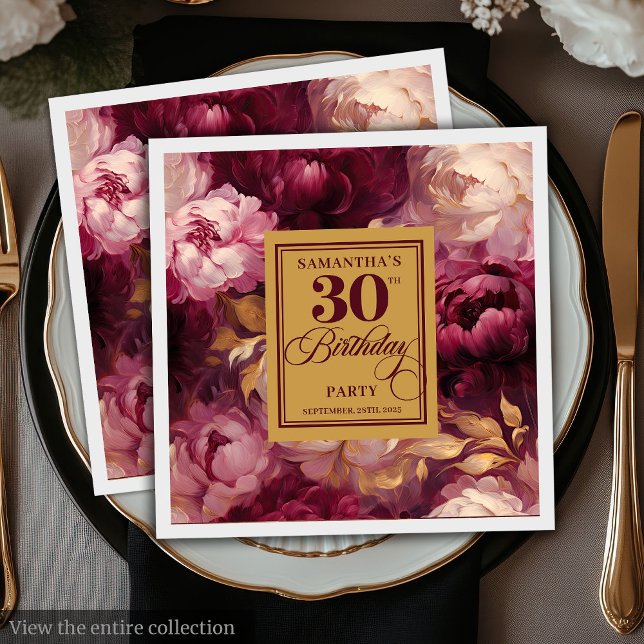 Serviette En Papier Aquarelle romantique Brousse Bourgogne Or 30e (Romantic Blush Burgundy Gold Watercolor 30th Napkins)