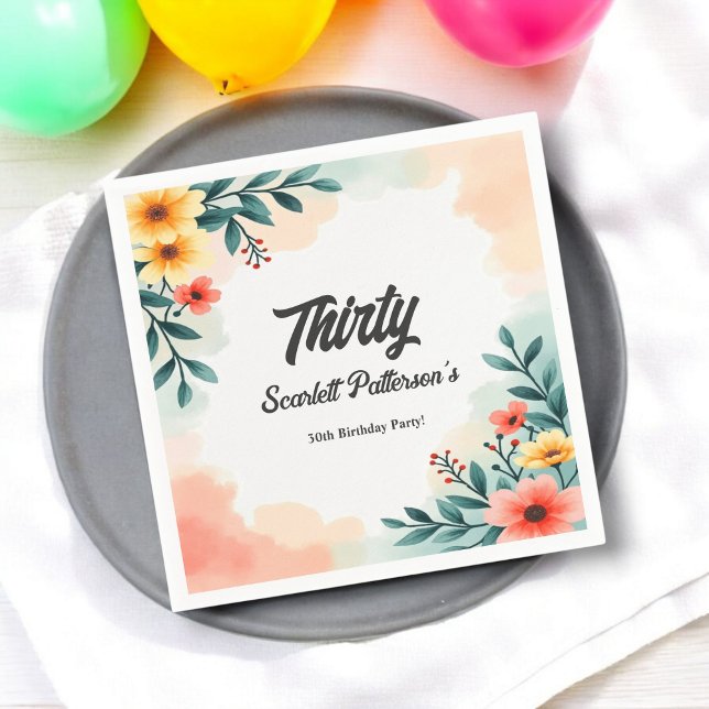 Serviette En Papier Aquarelle romantique Floral Été 30e anniversaire (Créateur téléchargé)