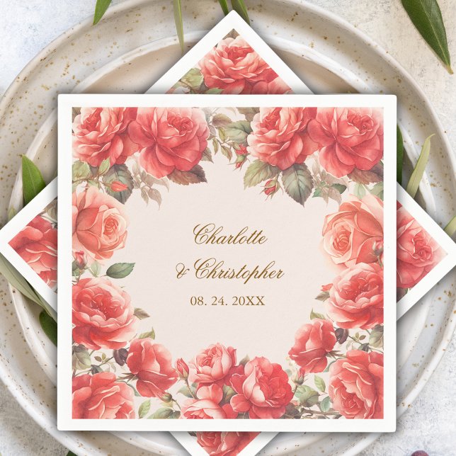 Serviette En Papier Aquarelle romantique Roses rouges Mariage floral (Créateur téléchargé)