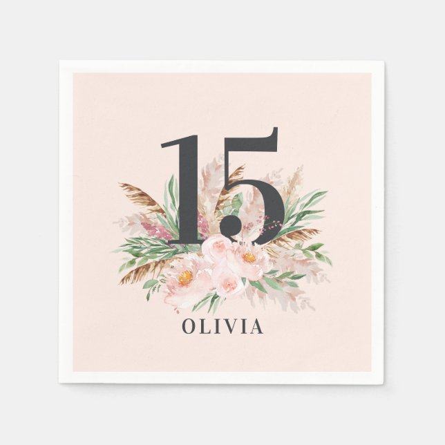 Serviette En Papier Aquarelle rose âge floral élégant anniversaire (Devant)