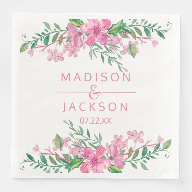Serviette En Papier Aquarelle rose Amour Blossoms Mariage Monogramme (Devant)