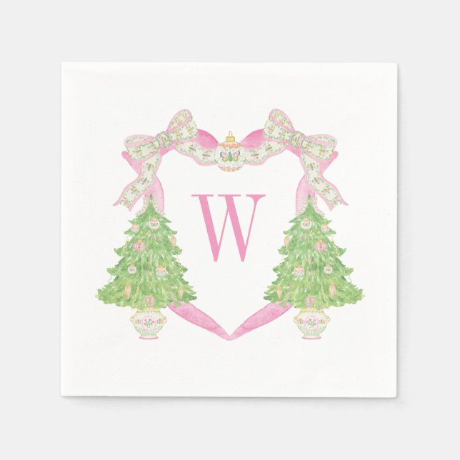 Serviette En Papier Aquarelle rose Arbre de Noël Monogramme Crest (Devant)