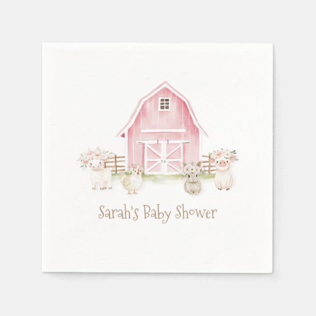 Serviette En Papier Aquarelle rose Baby shower animaux de ferme (Devant)