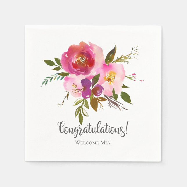Serviette En Papier Aquarelle rose Baby shower floral Boho (Devant)