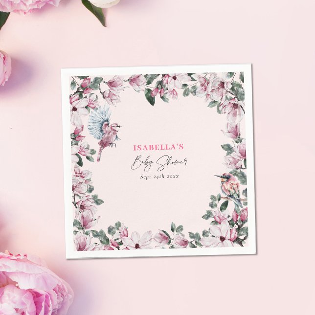 Serviette En Papier Aquarelle rose Baby shower Floral & Oiseaux (Créateur téléchargé)