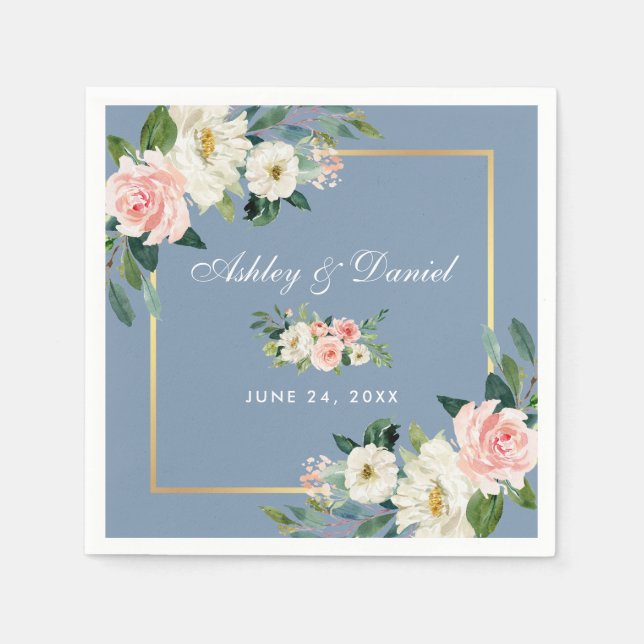 Serviette En Papier Aquarelle rose Blush Floral Dusty Blue Mariage (Devant)