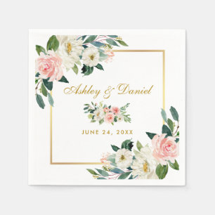 Serviette En Papier Aquarelle rose Blush Floral Mariage de cadre or