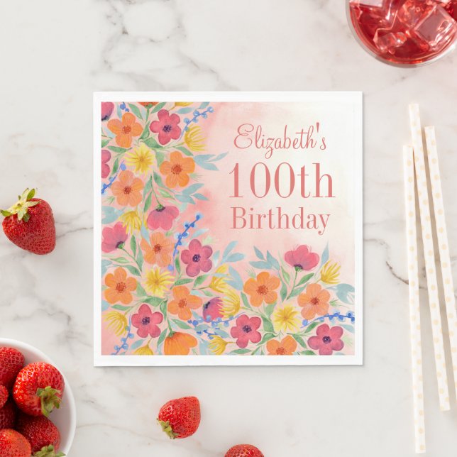 Serviette En Papier Aquarelle rose Botanique Personnalisée Anniversair (En situation)