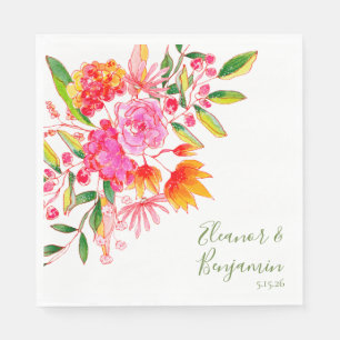 Serviette En Papier Aquarelle rose coloré Floral Personnalisé Mariage
