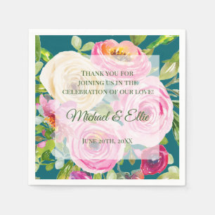 Serviette En Papier Aquarelle Rose Crème rose sur Mariage Turquoise