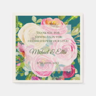 Serviette En Papier Aquarelle Rose Crème rose sur Mariage Turquoise
