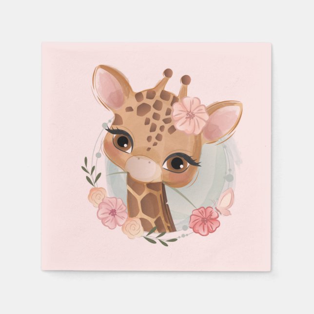 Serviette En Papier Aquarelle rose douce Bébé Giraffe Napkin (Devant)