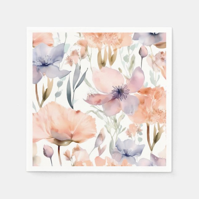 Serviette En Papier Aquarelle rose et bleu Fleurs (Devant)