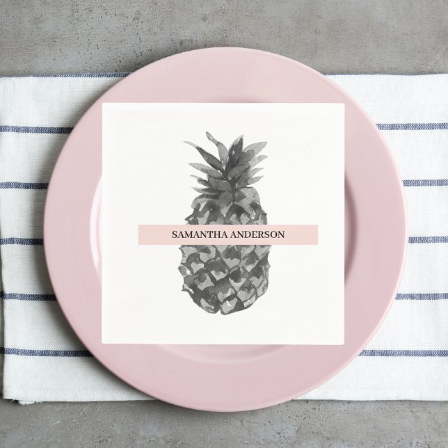 Serviette En Papier Aquarelle rose et gris ananas | Votre nom (Créateur téléchargé)