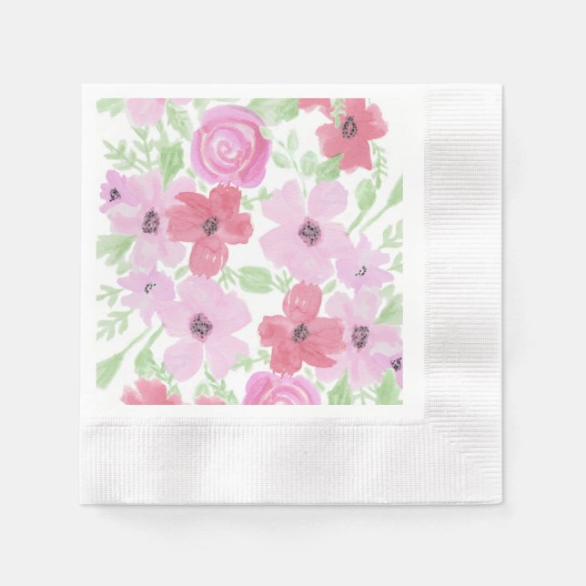 Serviette En Papier Aquarelle rose et vert Sage Floral (Devant)