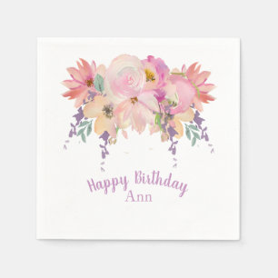 Serviette En Papier Aquarelle rose et violet Floral Anniversaire