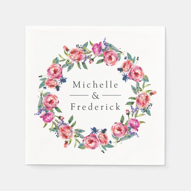 Serviette En Papier Aquarelle rose et violet Mariage Floral (Devant)