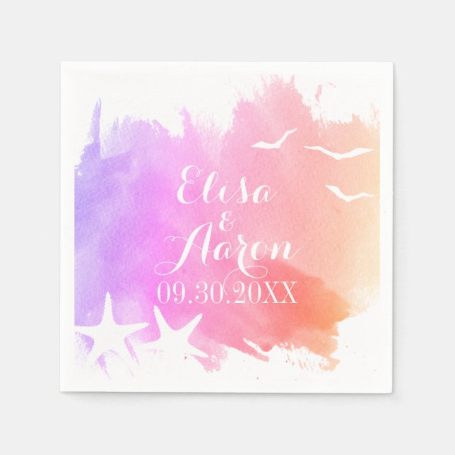 Serviette En Papier Aquarelle rose, étoile de mer mariage d'été (Devant)