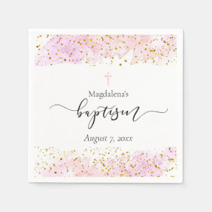 Serviette En Papier aquarelle rose  faux détails d'or Baptême