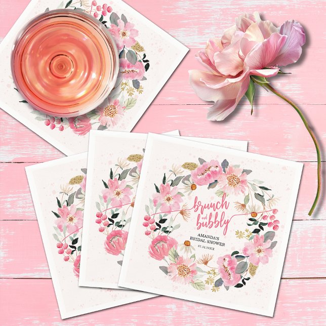 Serviette En Papier Aquarelle rose Fête des mariées de fleurs de jardi (Watercolor -pink garden flowers bridal shower bunch and bubbly cocktail napkins)