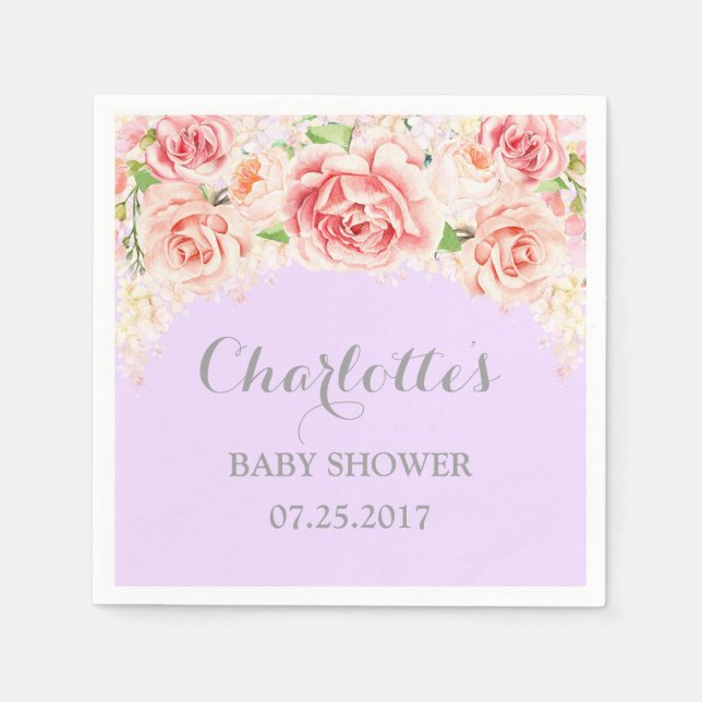 Serviette En Papier Aquarelle rose Fleurs Baby shower violet (Devant)