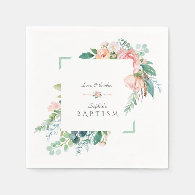 Serviette En Papier Aquarelle rose Fleurs blanches Mariage cadre vert (Devant)